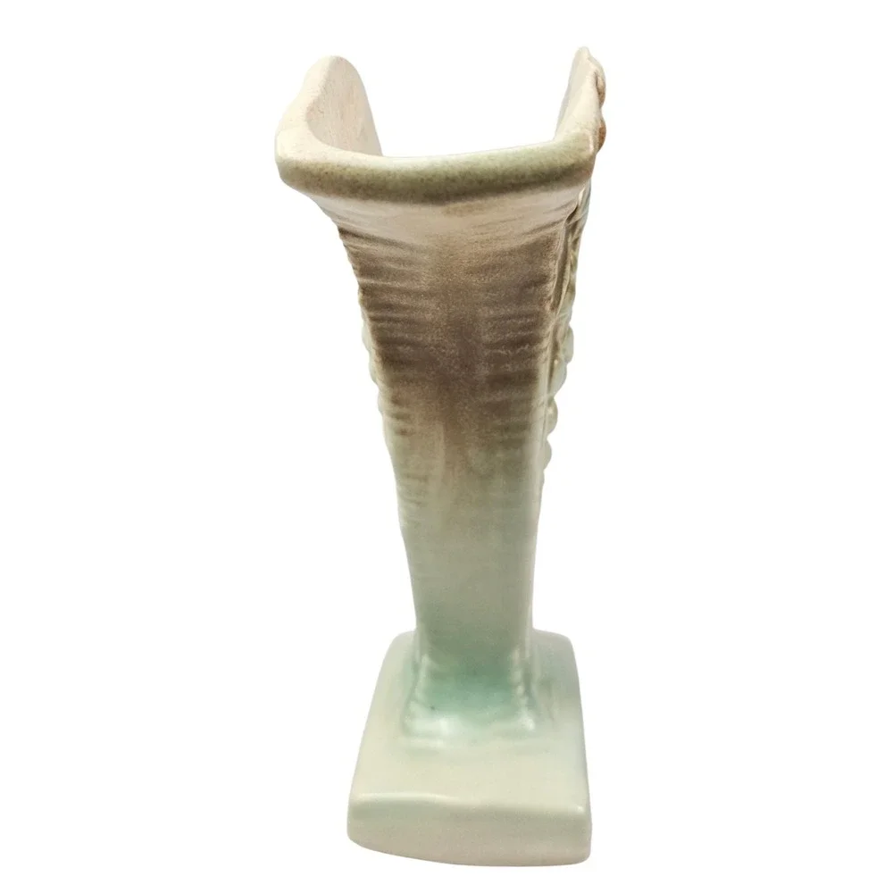 Vintage Ceramic Fan Vase Embossed Grape‎ Leaf Seafoam Green Brown Mid Century
